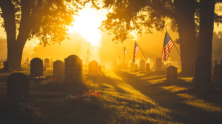 Cemetery at sunrise with rows of military graves, American flags waving in the breezeの素材
