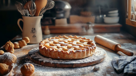Charming background with a homely kitchen counter, featuring a freshly baked pie, rolling pin, and flour dusted on the surfaceの素材