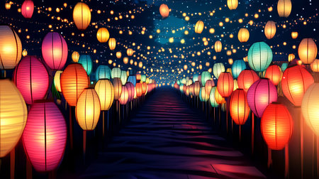 Lanterns on the road in the night, vector illustrationの素材