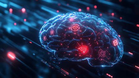 3D rendering of digital human brain with glowing lights on dark backgroundの素材