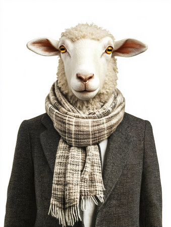 Sheep in a coat and scarf isolated on a white background.の素材