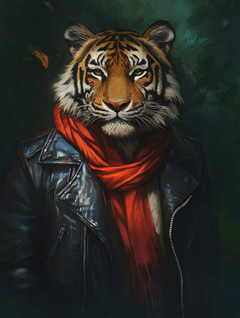 Portrait of a tiger in a red scarf and leather jacket.の素材