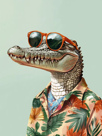 Fashionable crocodile with sunglasses in the style of theの素材