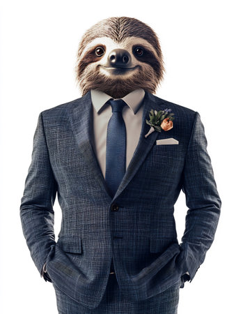 Portrait of a sloth in a suit with a bow tieの素材