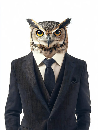 Owl in a suit and tie isolated on white background with clipping pathの素材