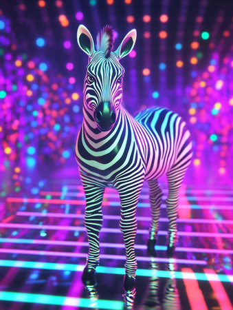 Zebra on a disco background. 3d rendering, 3d illustration.の素材