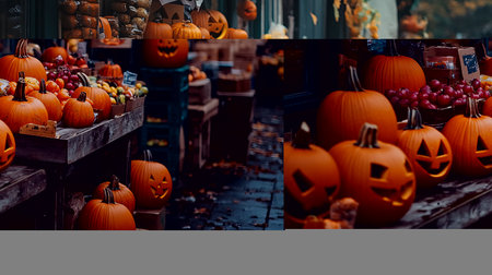 Halloween cheerful autumn market filled with pumpkins and goodiesの素材