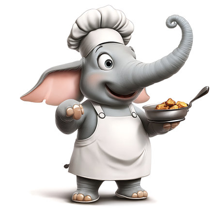 Cartoon character of an elephant chef with a bowl full of foodの素材