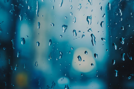 Clear blue water droplets on glassの素材