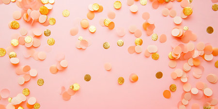 Pastel peach background with elegant gold confetti accents.の素材