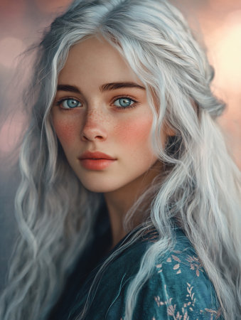 Portrait of a beautiful girl with long hair and blue eyes.の写真素材