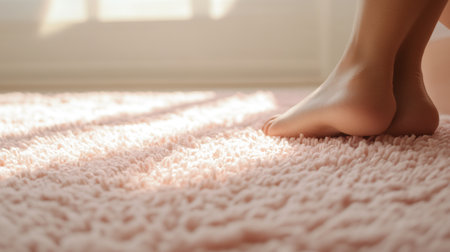 Feet of beautiful woman on carpet, closeup. Morning timeの写真素材