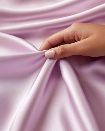 Female hand holding a piece of pink satin fabric as a backgroundの写真素材
