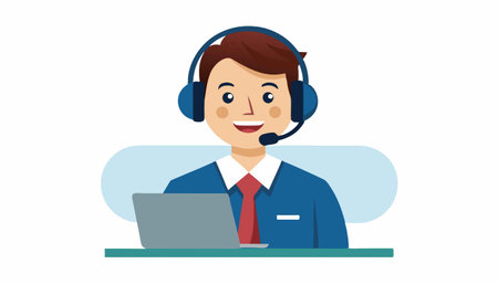 Call center operator with headset and laptop. Flat design vector illustration.のイラスト素材