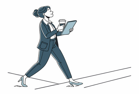 Businesswoman walking with coffee cup and tablet computer. Vector illustration.のイラスト素材