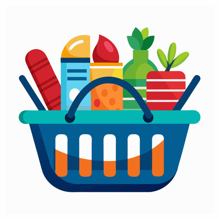 Shopping basket with products. Vector illustration in a flat style.のイラスト素材