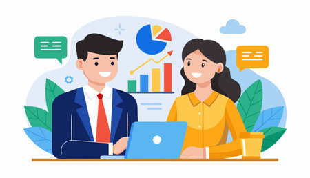 Business people working on laptop. Teamwork concept. Vector illustration in flat styleのイラスト素材