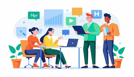 Teamwork concept in flat design. Man and woman working together. Vector illustrationのイラスト素材
