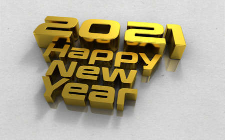 Happy New Year 2021 text in 3d yellow letters on a white background
