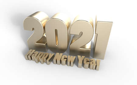 Happy New Year 2021 golden text 3d render on white background.の写真素材