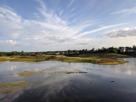 Blue sky with lake landscape in summerの写真素材