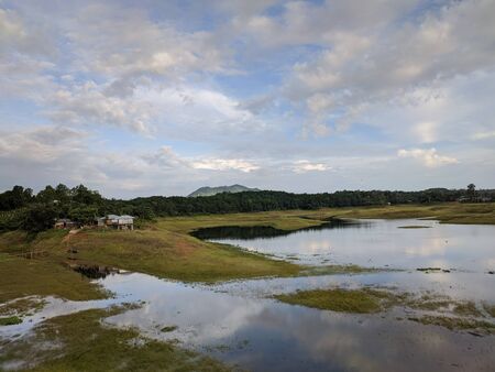 Blue sky with lake landscape in summerの写真素材