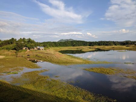 Blue sky with lake landscape in summerの写真素材