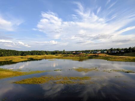 Blue sky with lake landscape in summerの写真素材