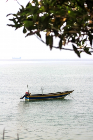 Fishing Boat at Sunrise with bird flying aroundの写真素材