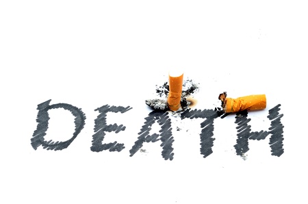 Cigarette butt with DEATH text isolated on whiteの写真素材
