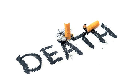 Cigarette butt with DEATH text isolated on whiteの写真素材
