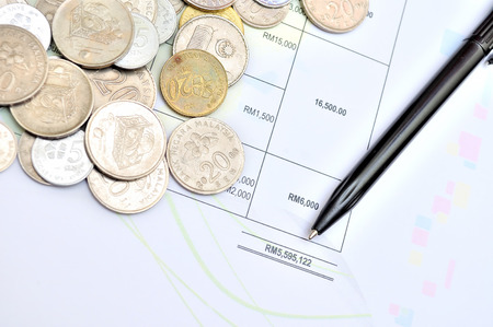 Business of financial analytics desktop with accounting charts and diagramsの写真素材