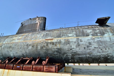 MALACCA, MALAYSIA-AUG 2: A decommissioned Royal Malaysian Navy submarine Agusta 70 on August 2, 2015. The submarine was built in 1979 and converted into museum submarine since November 22, 2011 in Malacca, Malaysia.のeditorial素材