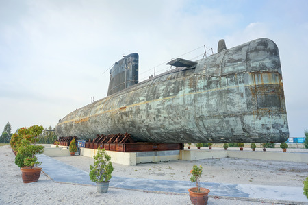 MALACCA, MALAYSIA-AUG 2: A decommissioned Royal Malaysian Navy submarine Agusta 70 on August 2, 2015. The submarine was built in 1979 and converted into museum submarine since November 22, 2011 in Malacca, Malaysia.のeditorial素材
