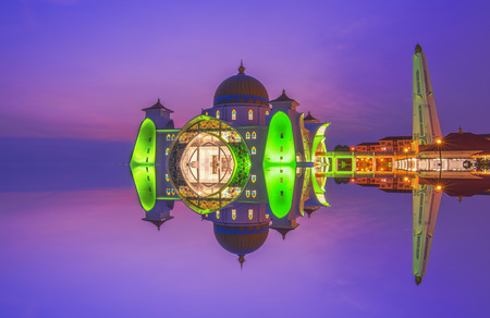 Dramatic sky & reflections at Straits Mosque, Malacca. Nature composition.Motion Blur and Soft Focus due to Long Exposure. Vibrant Color'sの写真素材