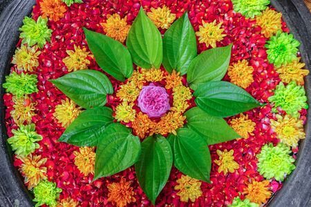 Decorative colorful flower on earthenware pot for floral bath