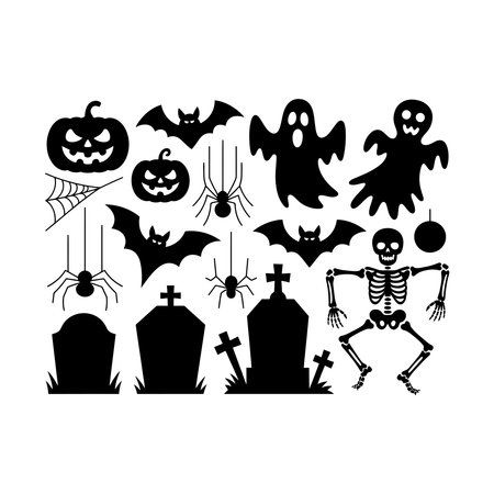 Halloween icons set. Black silhouettes of scary objects on white background. Vector illustrationのイラスト素材