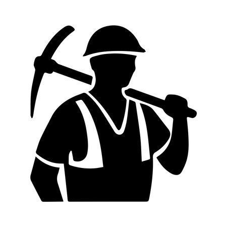 construction worker with pickaxe icon over white background, silhouette style, vector illustrationのイラスト素材