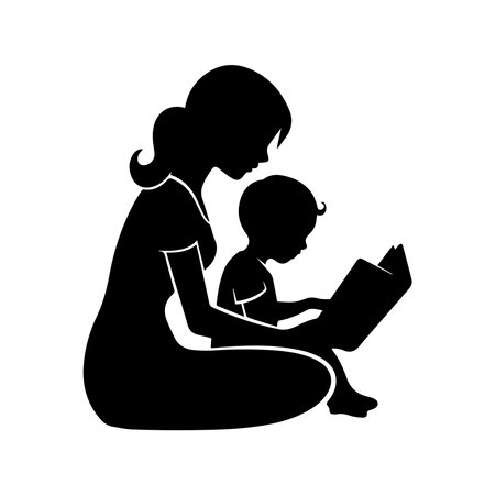 silhouette of mother with daughter reading a book vector illustration designのイラスト素材