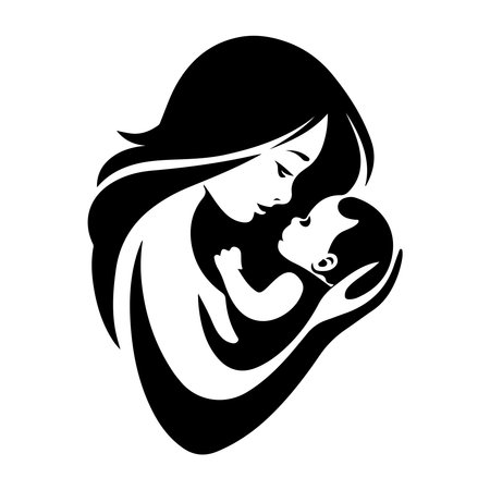 Mother holding her baby in her arms, black and white vector illustrationのイラスト素材