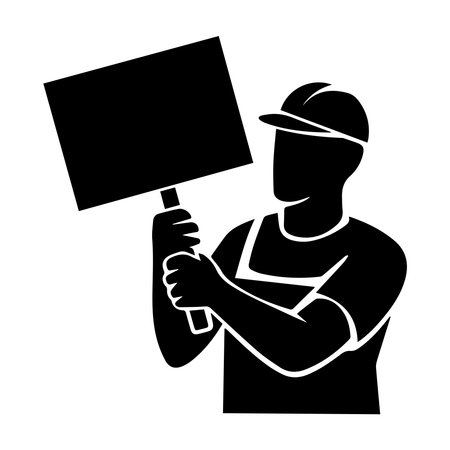 Worker holding a blank sign on white background. Vector illustration.のイラスト素材