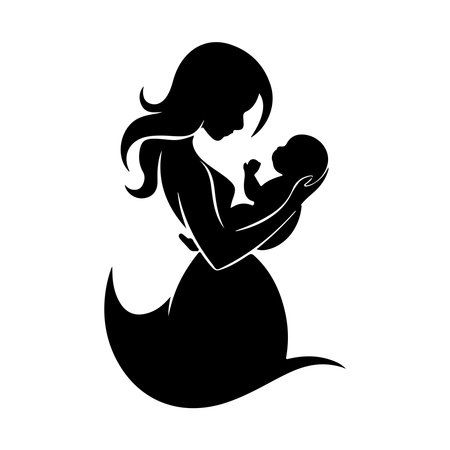 silhouette of mother with baby in her arms, vector illustrationのイラスト素材