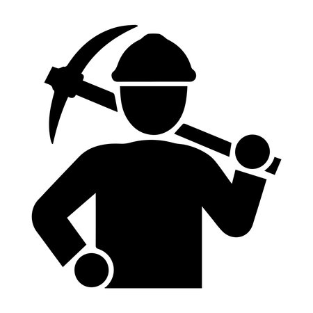 Worker icon vector with pickaxe and helmet in a glyph pictogram illustrationのイラスト素材