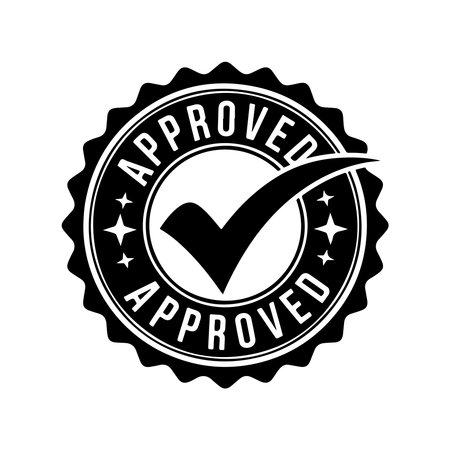 Approved stamp vector icon. Approved stamp with check mark and stars. Approved approved badge.のイラスト素材