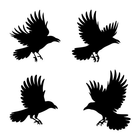 Set of black silhouettes of flying ravens. Vector illustration.のイラスト素材