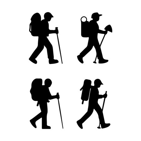 Hiking people silhouettes on white background. Vector illustration for your designのイラスト素材