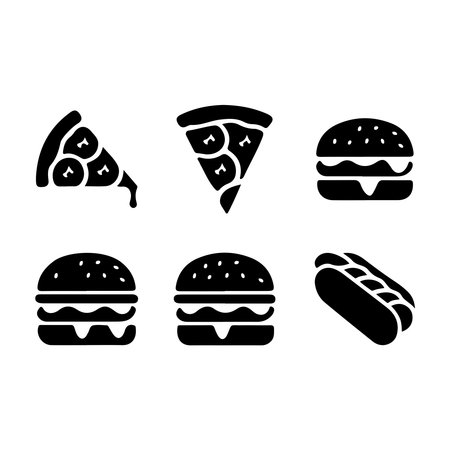 Fast food icons set. Burger, hot dog, pizza, sausage, pizza. Vector illustrationのイラスト素材