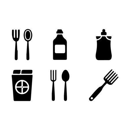 Fork, spoon, bottle and dishwashing liquid icon set.のイラスト素材