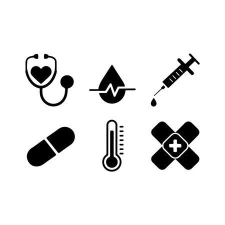 Set of medical icons. Stethoscope, syringe, pill, cross. Vector illustrationのイラスト素材