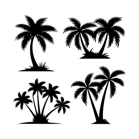 Palm tree silhouette set. Black silhouettes of palm trees on white background. Vector illustrationのイラスト素材